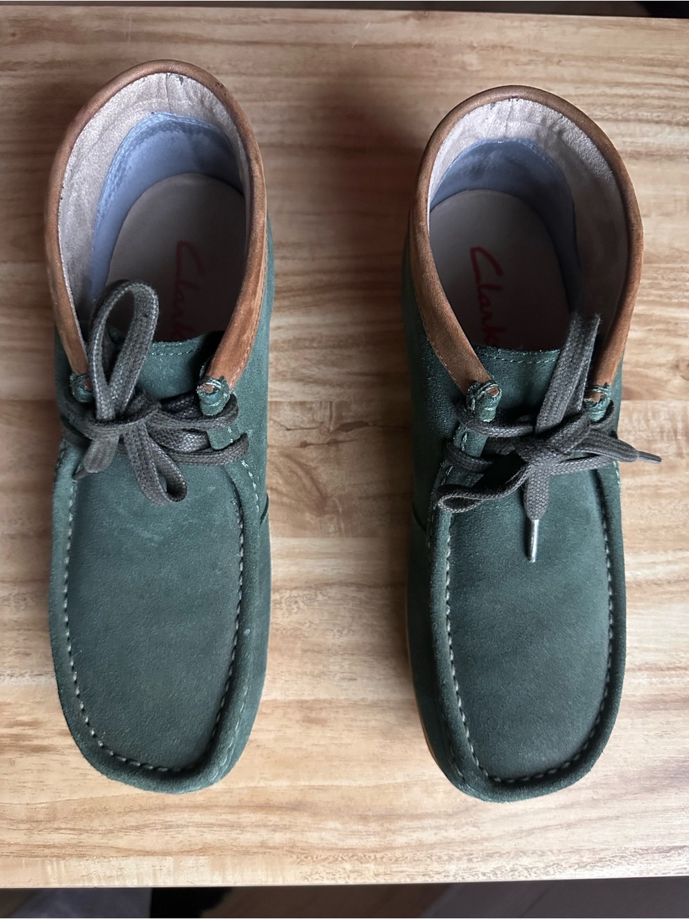 Clarks Suede Wallabee-Style Boots Green with Leather Trim